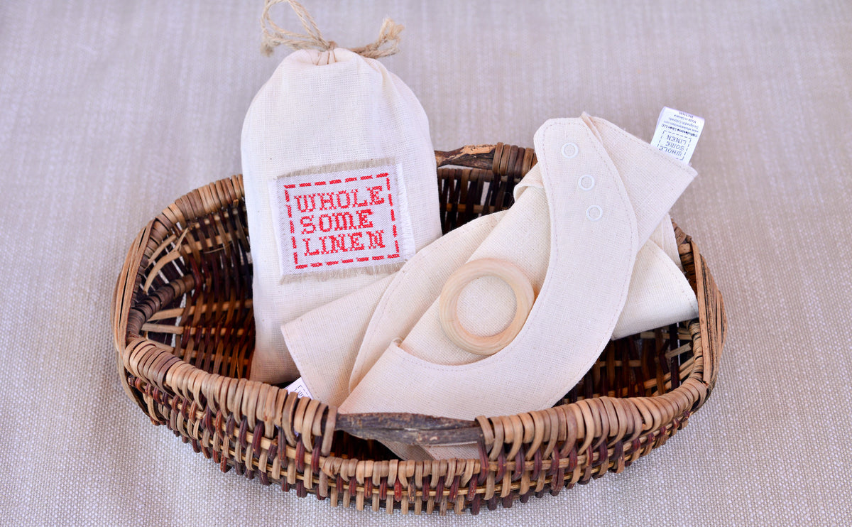 Organic Linen Bibs &amp; Wooden Teether - Wholesome Linen