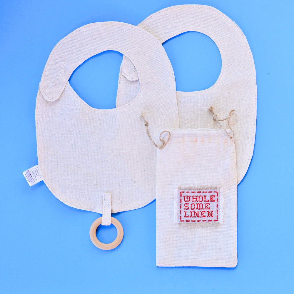 Organic Linen Bibs &amp; Wooden Teether - Wholesome Linen